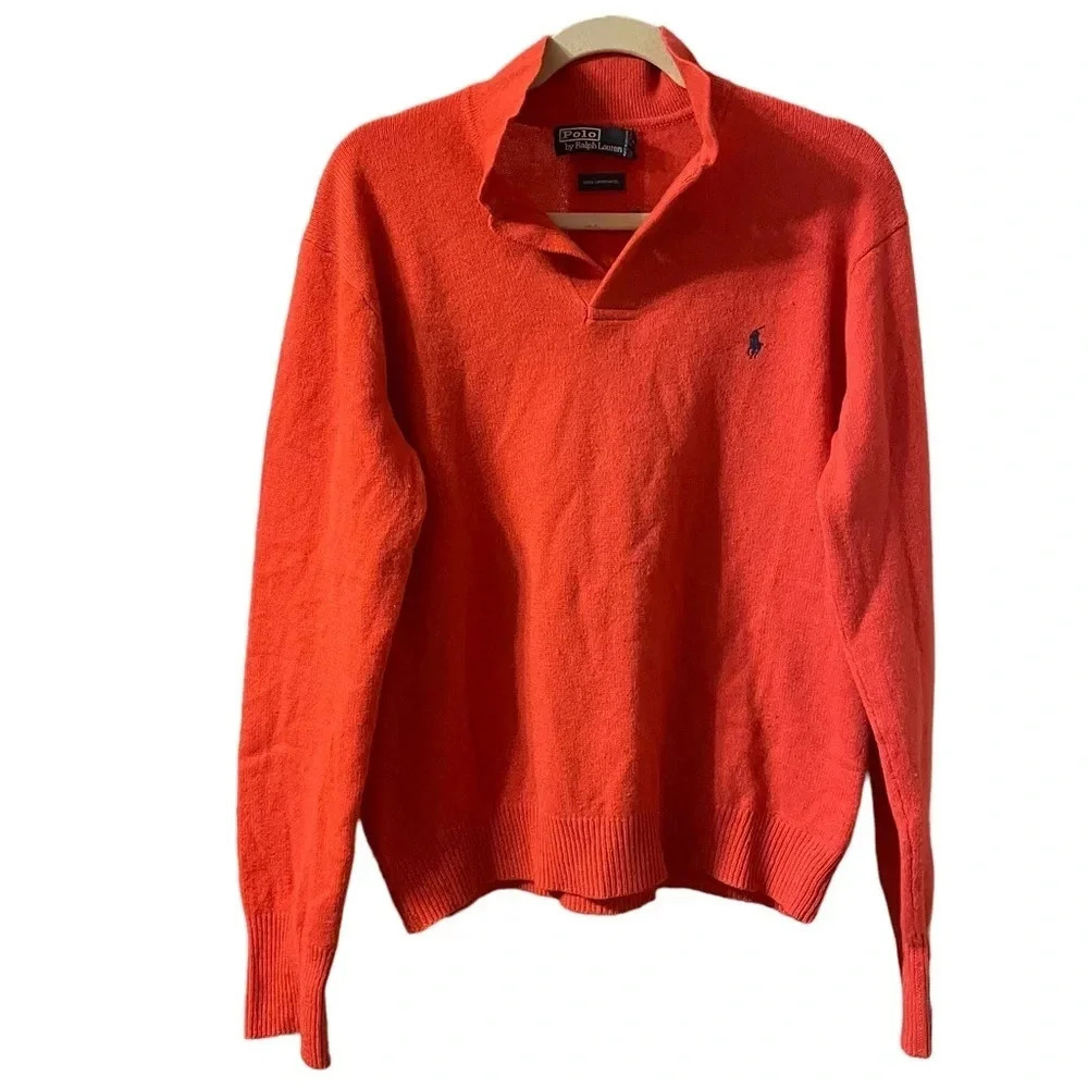 RALPH LAUREN VINTAGE ORANGE WOOL PULLOVER POLO SWEATER